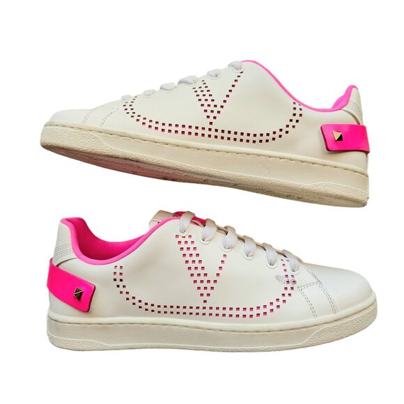 Valentino Garavani Backnet White Pink Leather V-Logo Sneakers Size 37 US 7 - Picture 2 of 9